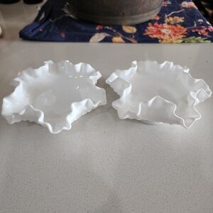 2 Vintage Fenton  Milk Glass Hobnail Low Fluted Ruffled Bowl Catch All Dish